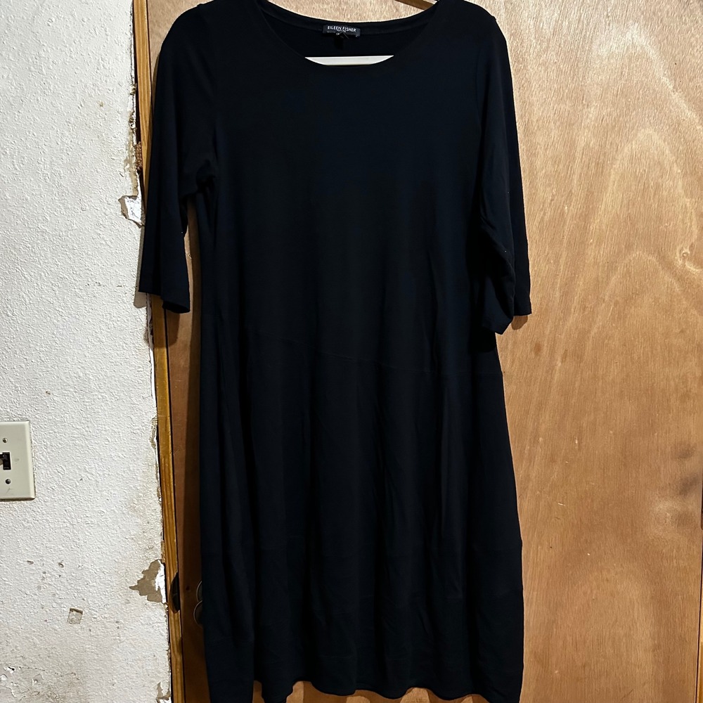 Eileen Fisher Petite Black Rayon Jersey 3/4 Sleeve A-Line Dress PL